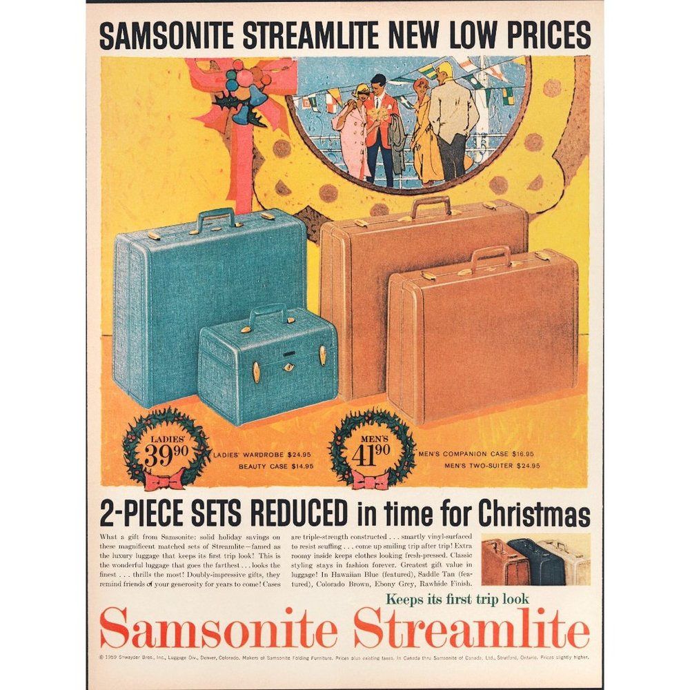 1959 Samsonite Streamlite Luggage Vintage Print Ad International Cruise Travel